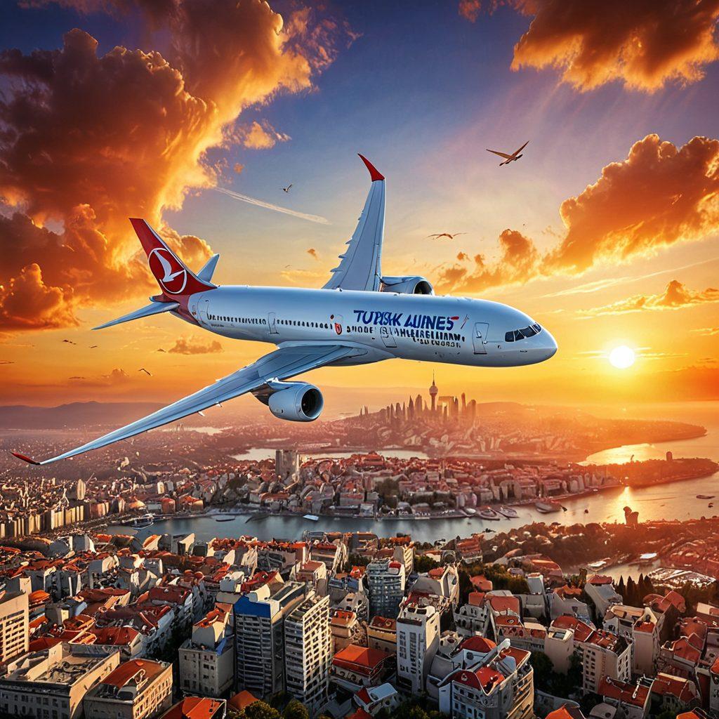 A majestic Turkish Airlines airplane soaring above a breathtaking, cloud-pierced sunrise, with iconic Turkish landmarks subtly visible in the background. Passengers inside are depicted smiling and relaxed, capturing the luxury and comfort of the flight. Vibrant colors highlight the serene ambiance and the allure of global travel. super-realistic. vibrant colors.