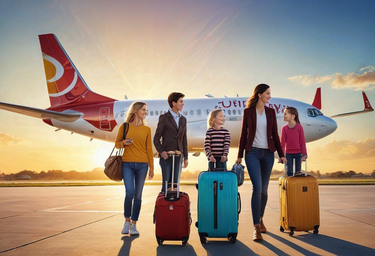 A family boarding a Turkey Airlines airplane with wide smiles, surrounded by vibrant luggage tags showing discounts and deals. The airplane in the background has Turkey Airlines' logo prominently displayed. The sky is clear with golden sunlight enhancing the joyous mood of budget-friendly air travel. super-realistic. vibrant colors.