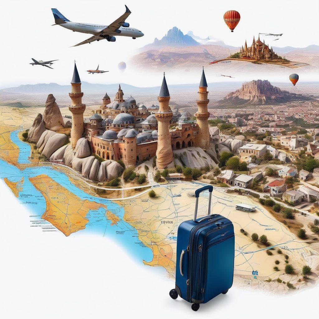 An airplane soaring above the stunning landscape of Turkey, featuring iconic landmarks like the Blue Mosque and Cappadocia's fairy chimneys. Below, a map outlines the country's domestic and international flight routes with vibrant, colorful lines. A family with luggage, excitedly boarding a plane, adds a human touch. super-realistic. vibrant colors. white background.